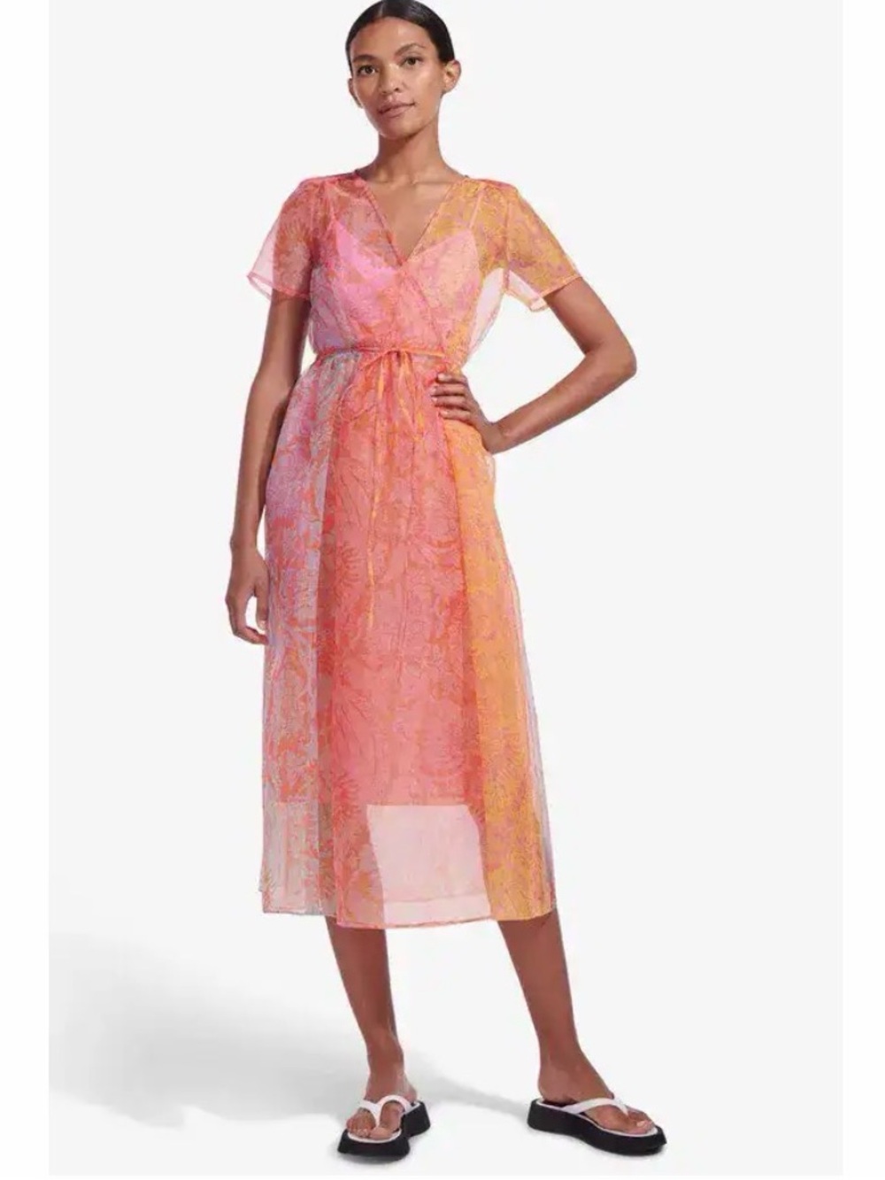 STAUD Sheer Floral Filippa Wrap Dress in Orange and Pink